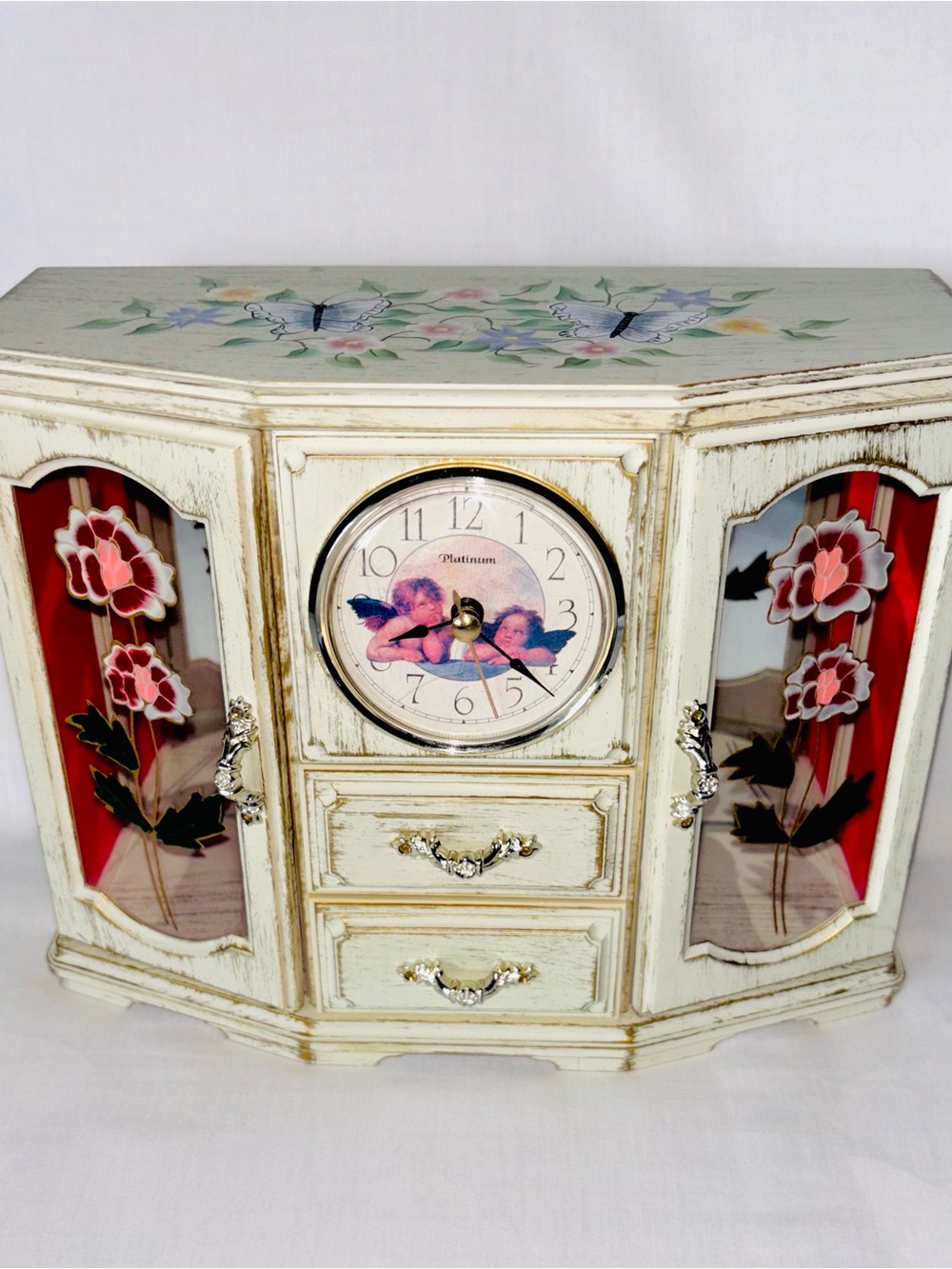 Vintage Musical Jewelry Chest Cherub Clock Ballerina Music Box Love Story Theme